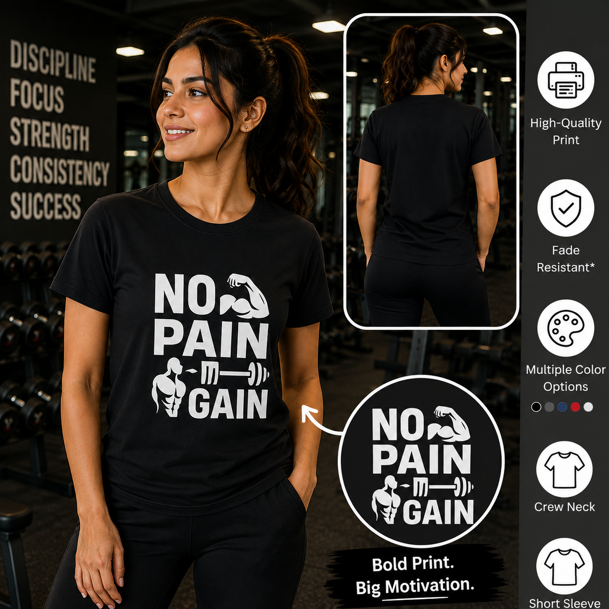 No Pain No Gain | Gym Motivation Tee | Inspirational Graphic T-Shirt