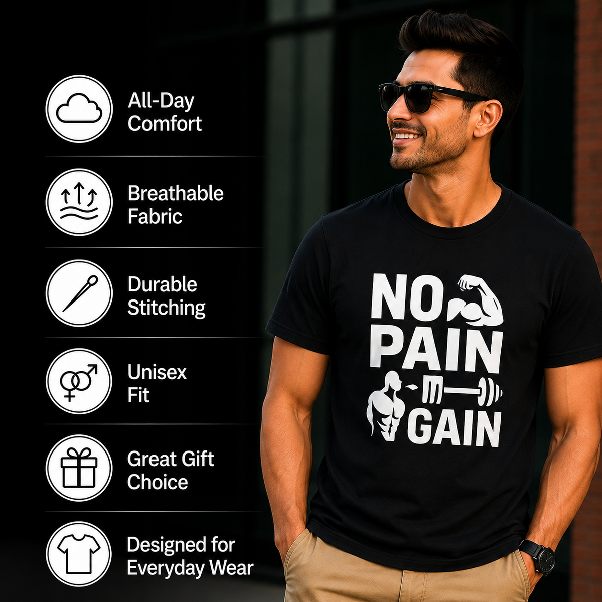 No Pain No Gain | Gym Motivation Tee | Inspirational Graphic T-Shirt